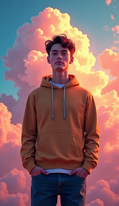 A 24-year-old Noah, standing confidently in front of a glowing mural. His face shows a mix of pride, hope, and fulfillment, with realistic features of a young man in his 20s. The mural behind him is full of vibrant colors, symbolizing his dreams. The sky a...