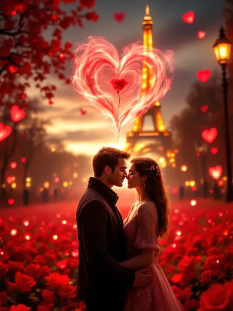  A romantic scene of Valentine's Day in Paris ,  with the delicately lit Eiffel Tower in the background ,  enveloped in a warm and magical atmosphere . In the foreground, a couple in love landscape full of red hearts and a symbolic red rose. In the air ,  ...