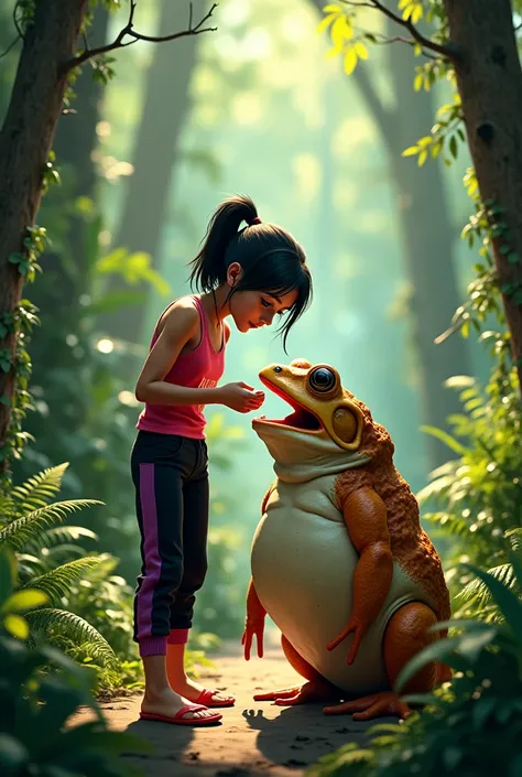 A 22-year-old black Indonesian girl wearing black purple pants and red sandals is feeding her pet big toad in the forest