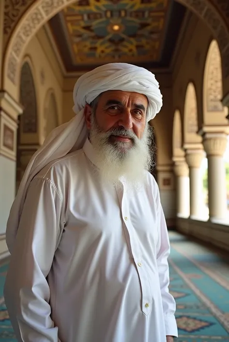 A wise and elderly Palestinian mosque teacher, wearing a traditional white robe and a keffiyeh, standing inside a beautifully decorated mosque. His face is full of wisdom, with a long white beard and kind eyes. The mosque features intricate Islamic calligr...