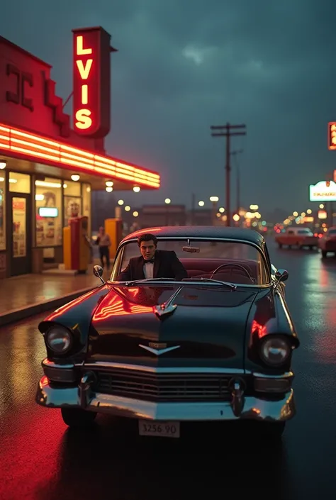  Singer Elvis Presley in an old car ,  around an old gas station with colorful LED lights, open convenience , distant people, taking photo, old cars fueling up 