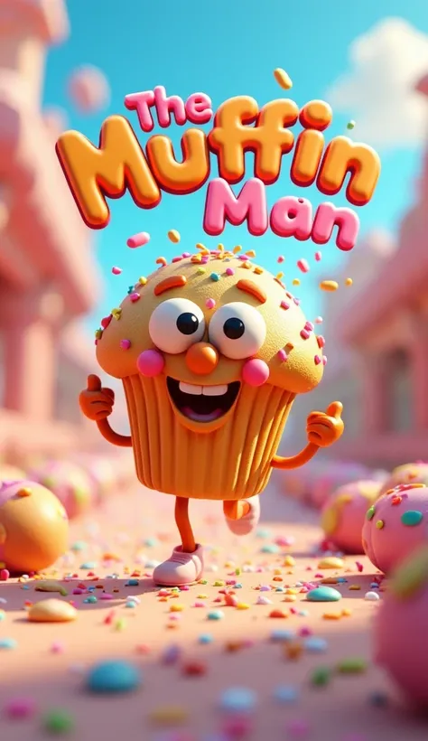 A 3d animated logo.  “THE MUFFIN MAN” in a striking font across image. A cute and adorable 3d muffin man running Long a candy path. Explosions of sprinks and icing