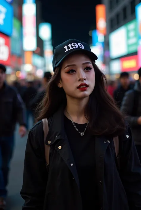 make her face natural without make up wearing korean casual outfit and use a cap "1199" written on it, walking around a lot of people in new York City at night, best quality, 4k, fujifilm, long exposure. 