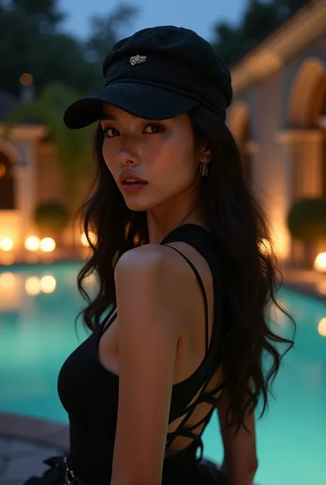 A hyper-realistic, stunning Chinese woman wearing a stylish, trendy cap that adds to her mysterious charm. She leans back with effortless confidence, dressed in a fashionable, strikingly bold outfit that highlights her elite and modern style. Her perfectly...