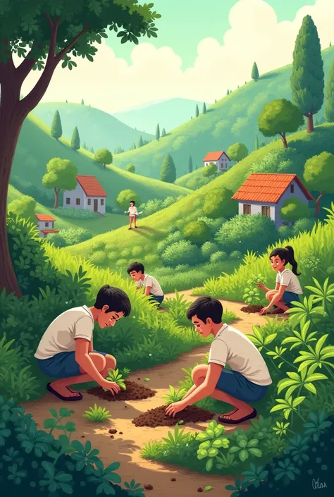 Please make a photo background illustration of green plants with people planting and also the shape of houses of people in the village