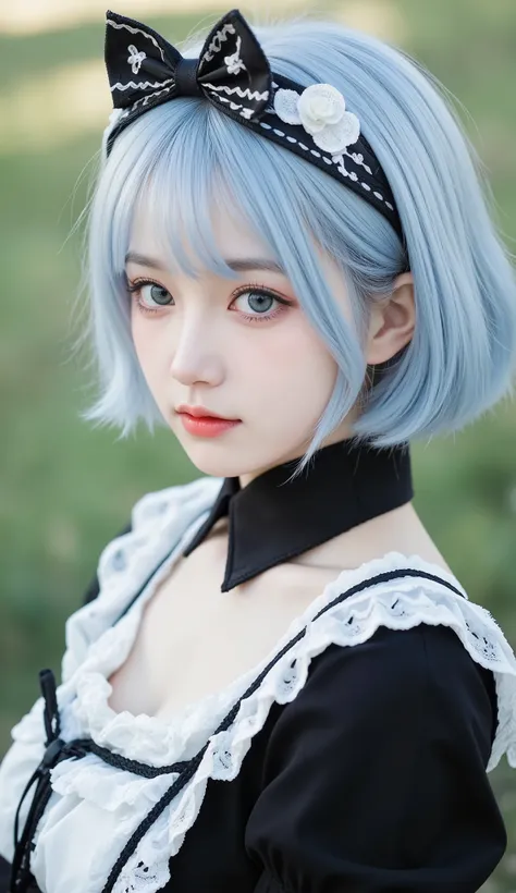 A young woman with short, pastel blue hair styled with a black headband featuring white flowers and ear-like accents. She wears a black and white maid outfit, adorned with lace and ribbons, and has striking blue eyes highlighted with makeup. The background...