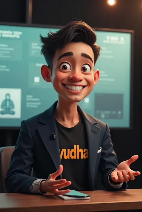 a reallistic caricature, a young Indonesian man sitting in front of a screen, a chest-high table in front of him, wearing a blazer and a t-shirt that says "yudha", in a recording studio, apparently explaining something 