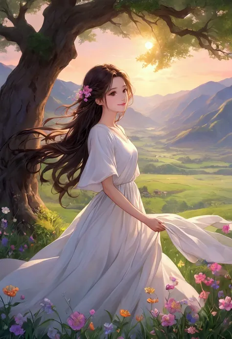 intense ink painting、 1 cute girl 、white loose flowing long dress、Clear brown eyes 、 pink lips、 Perfect Face 、 petite and perfect style 、Light brown and black long hair、 look at me and smile、Wild flowers in the grassland 、 giant tree with green branches an...