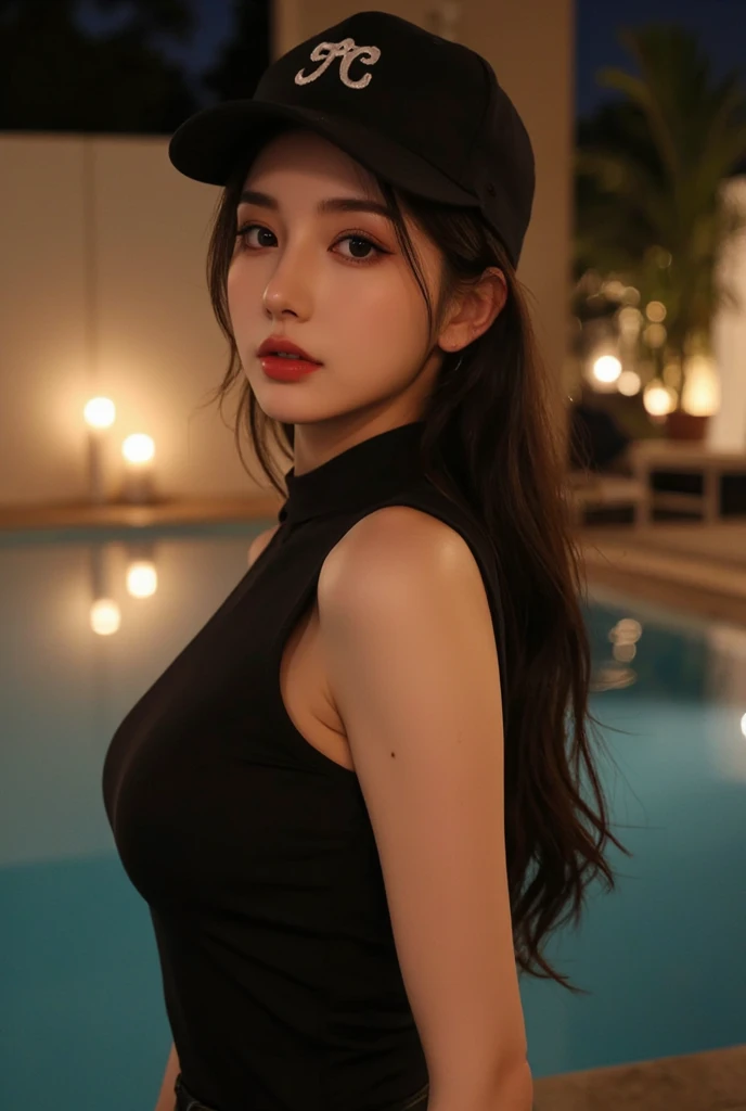 A hyper-realistic, stunning Chinese woman wearing a stylish, trendy cap that adds to her mysterious charm. She leans back with effortless confidence, dressed in a fashionable, strikingly bold outfit that highlights her elite and modern style. Her perfectly...