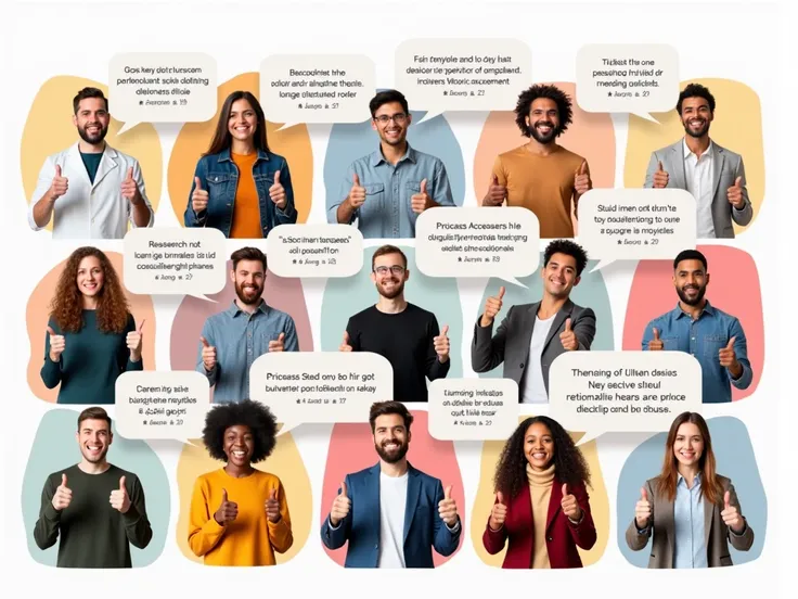 A collage of diverse users (researchers, students, business professionals) giving thumbs-up reviews, with speech bubbles containing positive feedback.