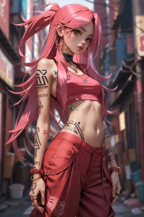  borrowed letter , cyber sttyle ,  1girl ,  alone, long and messy pink hair, tribal tattoo, BAGGY RED PANTS,  blurred background,