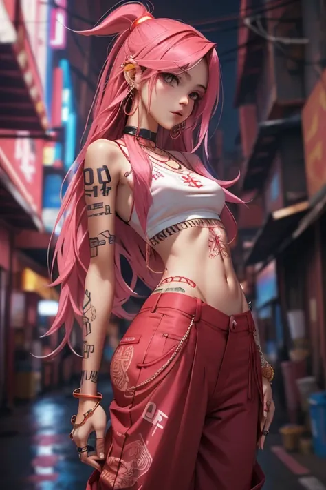  borrowed letter , cyber sttyle ,  1girl ,  alone, long and messy pink hair, tribal tattoo, BAGGY RED PANTS,  blurred background,