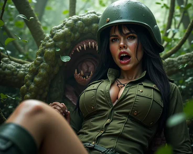 A female soldier is being eaten by a giant plant。
 she is screaming in so much pain。
She has wide open thighs。
The plants are slurping her。
Live action style
crying and asking for help 