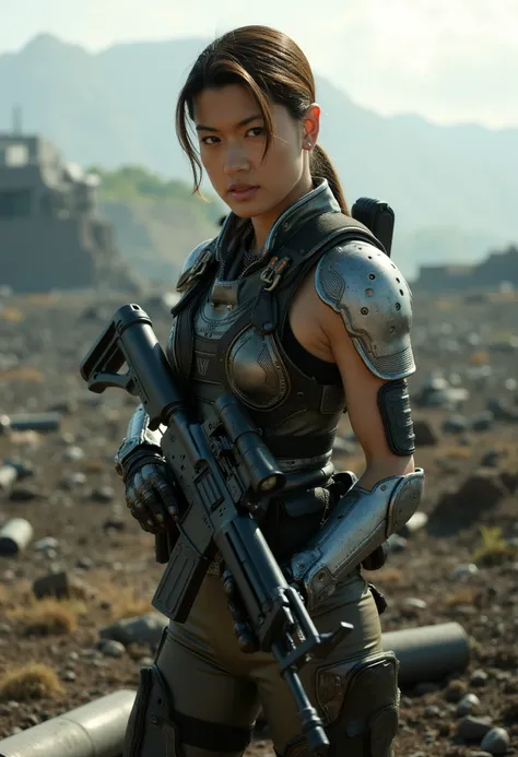 portrait of Grace Park on the battlefield of a futuristic war. holding rifle in hand. broad shoulders, tall body, long legs. beautiful woman. Shot on a Hasselblad H2F