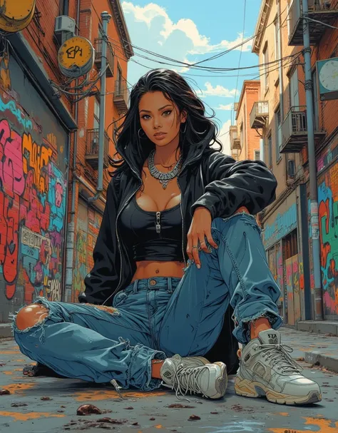 masterpiece、highest quality、High resolution、photorealistic、High resolution、Raw photo、((A back alley surrounded by brick and concrete walls covered in graffiti、natural lighting、graffiti art、hip hop、colorful spray cans))、((1girl、A woman wearing a hoodie, rip...