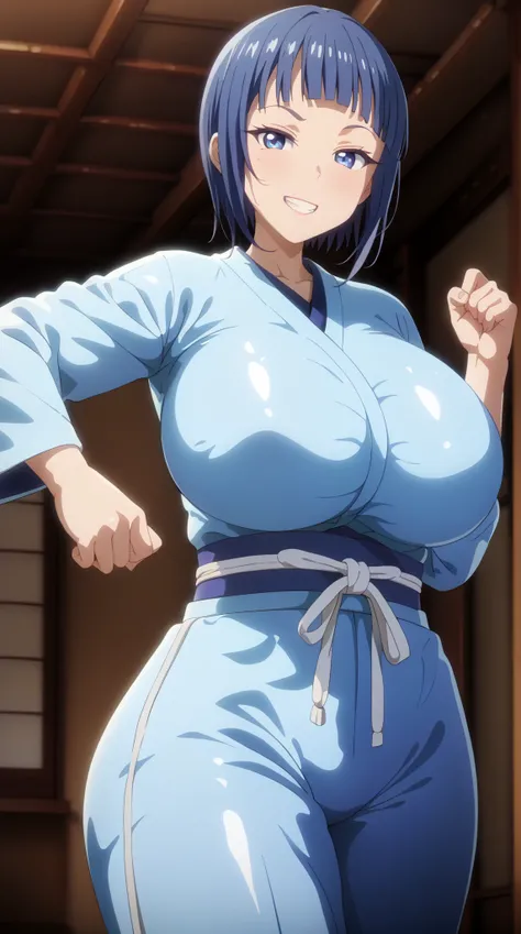 (UHD, retina, masterpiece, accurate, anatomically correct, super detail, high details, highres, 1080P, 16k:1.3)、 (sachi:1.3)、 short hair、blunt bangs、darkblue hair、A mole near the eye、(very gigantic breasts、rounded large breasts:1.3)、(shiny skin:1.3)、(grin:...