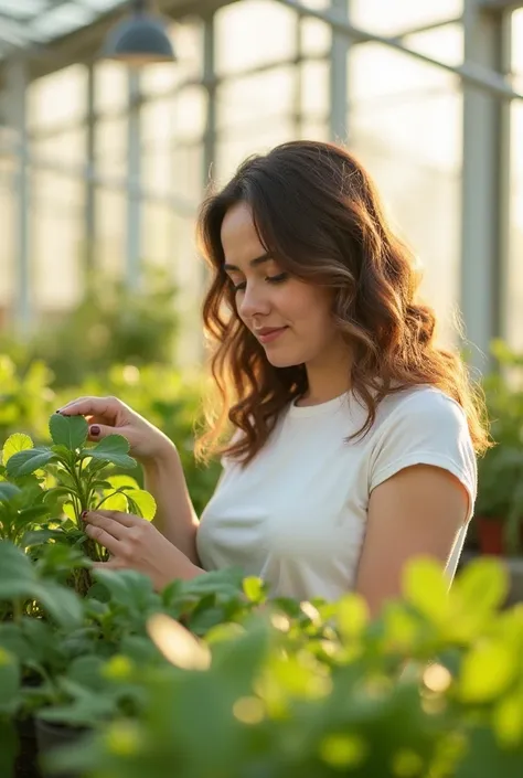 A peaceful scene of a young man tending to her plants in a bright greenhouse. She has wavy, medium-length brown hair, is wearing a white sleevel bc ess top, and is gently handling a green plant. The greenhouse is bathed in warm sunlight filtering through l...