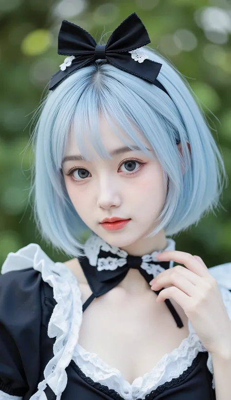 A young woman with short, pastel blue hair styled with a black headband featuring white flowers and ear-like accents. She wears a black and white maid outfit, adorned with lace and ribbons, and has striking blue eyes highlighted with makeup. The background...