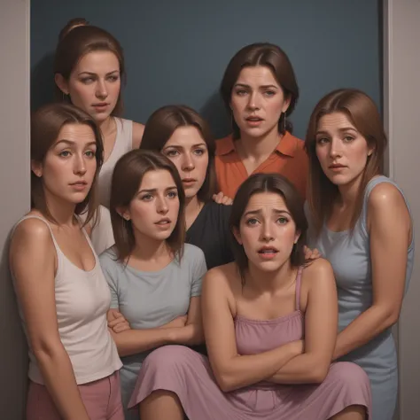 photo réaliste d'un groupe d'adolescente. Les filles ont toutes fait pipi dans leur pantalon. Elles regardent le spectateur en souriant.