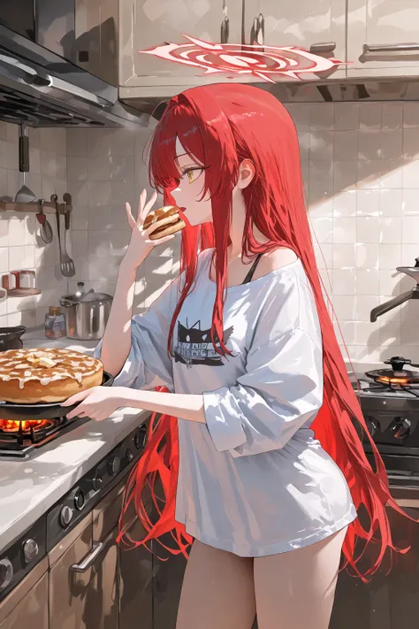   1 girl, golden eyes,   red hair top,  very long red hair , Cool,   beautiful,   oversized black men's shirt, no pants, large open kitchen ,  is there in the kitchen at the stove , Cook pancakes in a pan , yawns , Oversleep ,  rubs his eyes with one hand,...