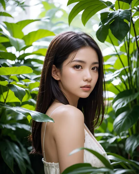 A captivating portrait of a young thai woman, her body adorned with vibrant green leaves, creating a natural, ethereal ensemble. The leaves, meticulously arranged, form a makeshift top and bottom, accentuating her figure against a backdrop of lush tropical...