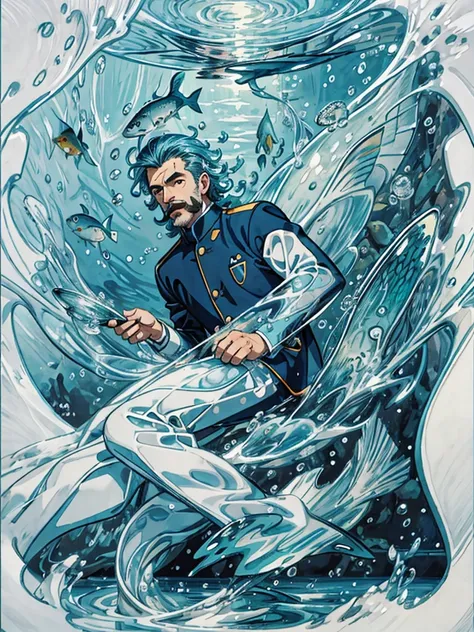 abstract background,(illustration:1),masterpiece,best quality,detailed face and eyes,1man with mustache,underwater hair physics,air bubbles,light coming through water,reflections,laying in water,split layers of water,school of fish,handsome