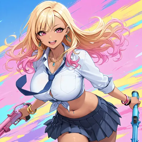 Too many simple forward-facing xLv2 , KJOmarin,  blond hair,  long hair,  pink eye,  earrings,  ear piercing,  multicolor hair,  score_9,  score_8_ up the side,  score_7_ up the side,  source_Anime,  Masterpiece, top quality, Big Breasts,  collared shirt ,...