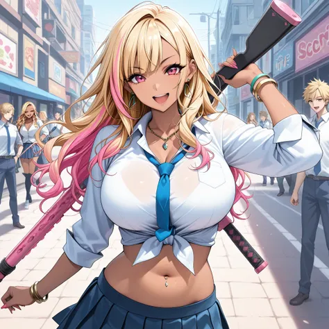 Too many simple forward-facing xLv2 , KJOmarin,  blond hair,  long hair,  pink eye,  earrings,  ear piercing,  multicolor hair,  score_9,  score_8_ up the side,  score_7_ up the side,  source_Anime,  Masterpiece, top quality, Big Breasts,  collared shirt ,...