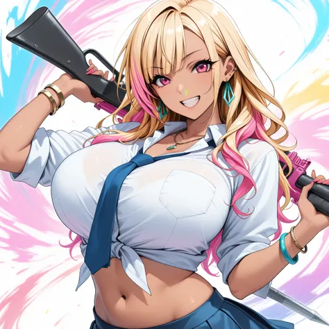 Too many simple forward-facing xLv2 , KJOmarin,  blond hair,  long hair,  pink eye,  earrings,  ear piercing,  multicolor hair,  score_9,  score_8_ up the side,  score_7_ up the side,  source_Anime,  Masterpiece, top quality, Big Breasts,  collared shirt ,...