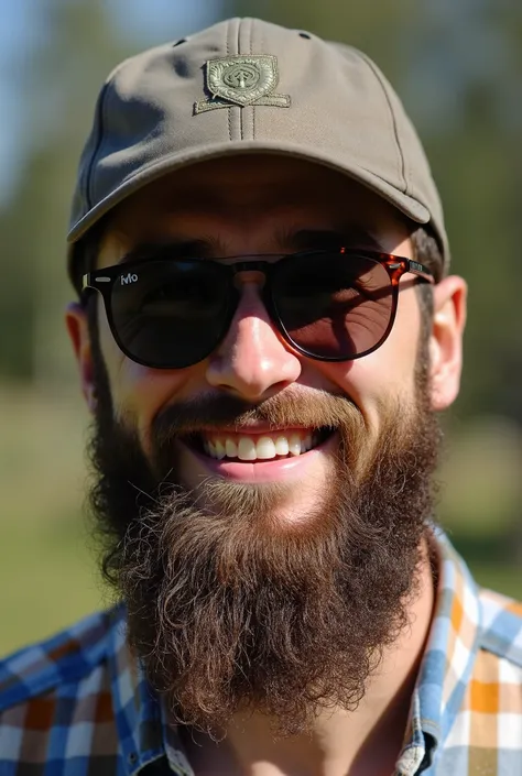 long beard with short mustache and sunglass with cap ,smiling face and no facial structure