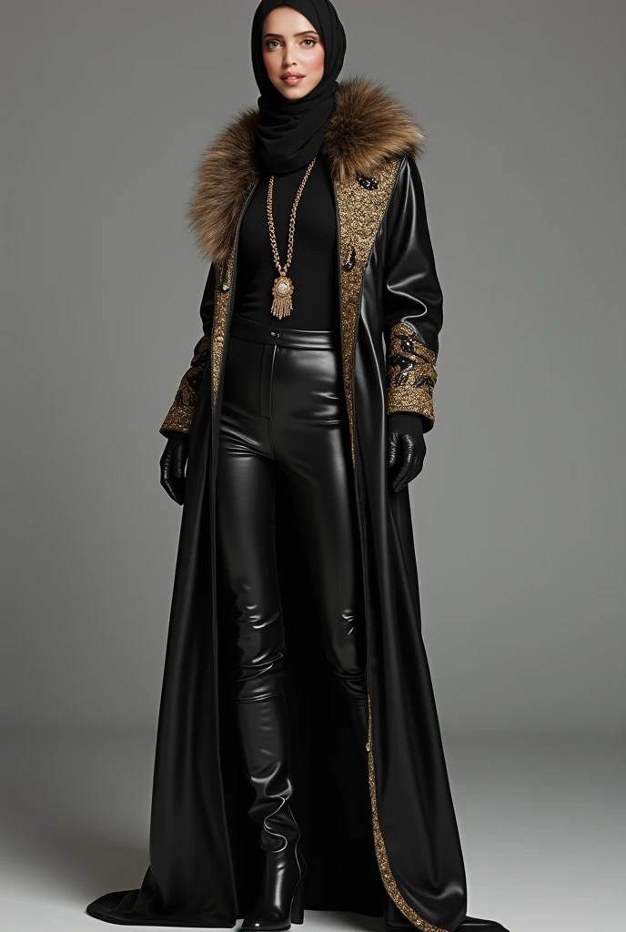 A beautiful woman wears a stylish turtleneck paired with sleek, tight latex pants. Over the turtleneck, she drapes a long, elegantly gold-designed, open Kloosh black latex abaya adorned with stone embellishments. A luxurious woolen fur scarf is wrapped aro...