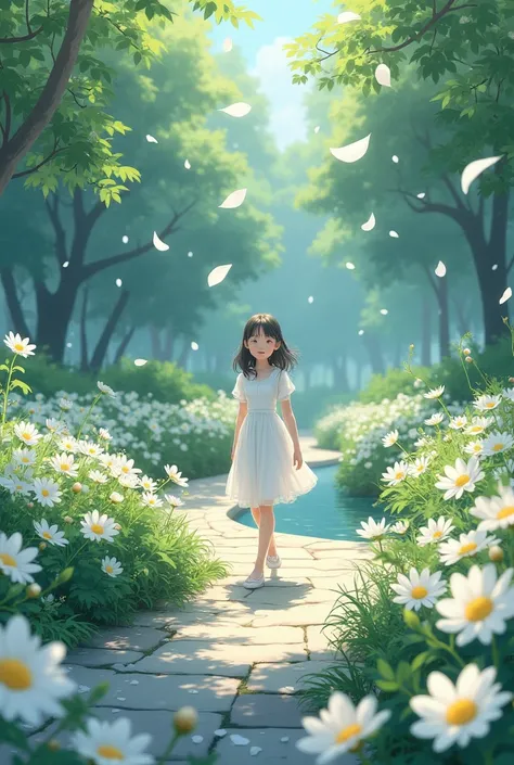 Garden of white flower while little pettles falling in anime style