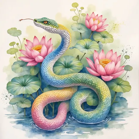 watercolor paint of 2 snakes, splash art, pastel coloring, intricate detailed, lotus and water background, Chinese style paiting