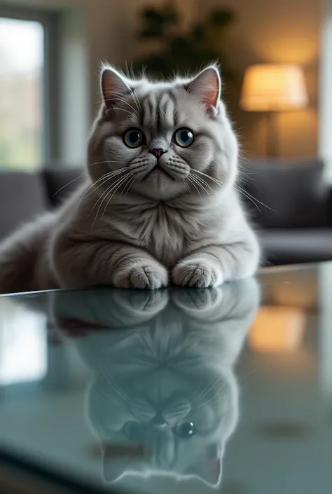 A chubby grey cat sitting on a glass table, looking confused as it sees its own reflection from below. Its big round eyes and fluffy paws add to the humor of the moment. The scene is set in a sleek, modern home. Highly detailed, realistic 4K image."
