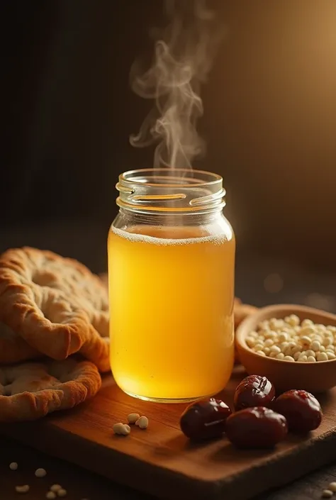 A close-up of a humble jar of vinegar placed on a traditional wooden table, surrounded by bread and dates. The jar radiates a soft, ethereal glow, representing the divine blessing given by the Prophet (PBUH). The scene feels peaceful and spiritual, showing...