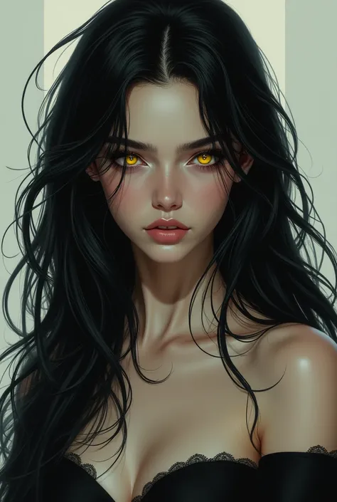  long dark hair ,  golden eyes, 2D