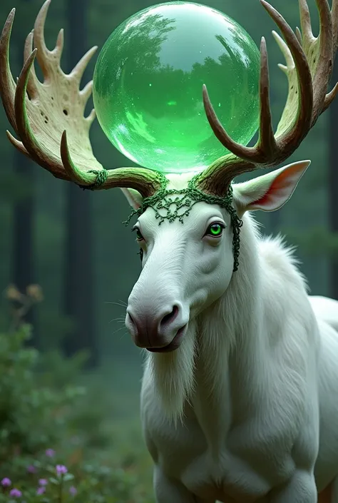  create a white moose ,  with green eyes ,  with armor made of wood , bones and vines ,  over its head and the horns must have a sphere that mimicked a strong green glow attracting water in a sphere of water surrounding the green sphere