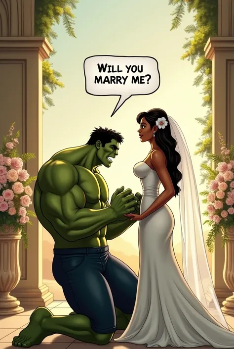 Hulk on his knees saying in speech bubble "will you marry me" to a beautiful lantina  girl hair by shoulders a little dark in skin colour in white wedding dress and she said "yes" in a beautiful wedding background 