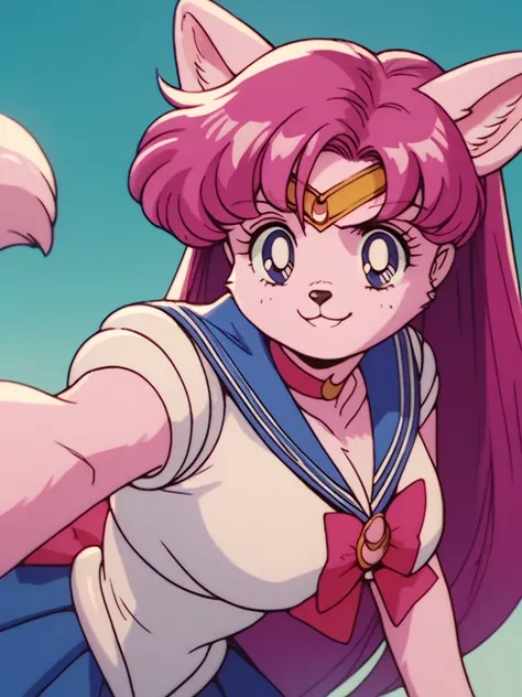 1girl, solo, furry, pink_fur, magenta_hair, large_breasts, looking_at_viewer, anime, sailor_moon_(style), smiling