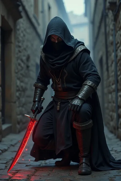 medieval male rogue assassin masked. ninja themed. wielding a cursed dagger with red veins