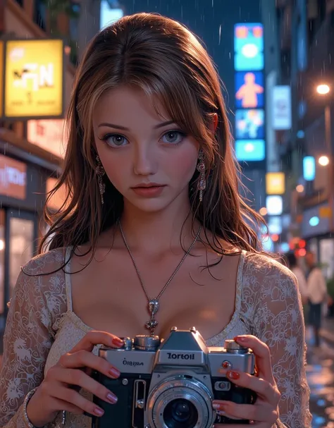 A girl holding a camera , mix4,(8K, RAW photo, best quality , masterpiece:1.2), ( realistic , photo- realistic :1.37),1 girl,beautiful,urban landscape, Evening, rain, wet, Professional lighting , Mapping of photons, Radiosity, physics-based rendering , lon...