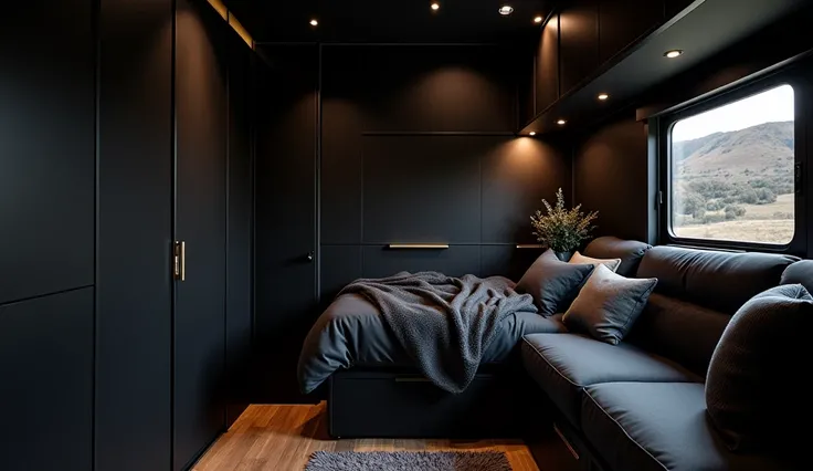 Black small bedroom in motorhome 