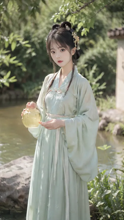 best quality, intricate details, highres,(beautiful detailed water:1.4),(hanfu, tang style),yellow eyes,(1girl in glass jar:1.1),