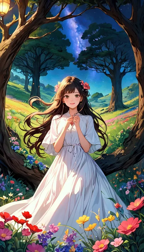 intense ink painting、 1 cute girl 、white loose flowing long dress、Clear brown eyes 、 pink lips、 Perfect Face 、 petite and perfect style 、Light brown and black long hair、 look at me and smile、Wild flowers in the grassland 、 giant tree with green branches an...