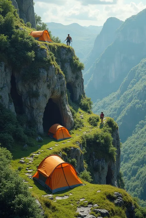 1. A serene hilltop,with caves serving as a camp base with tents.

2. Which also serves as a steep for climbers from the bottom to thus hilltop

Showing the warmth and cold of the fertile hilltop 