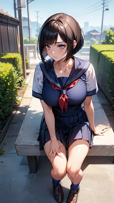 (((perfect anatomy, anatomically correct, super detailed skin))), 1 girl, japanese, high school girl, shiny skin, watching the viewer, 
beautiful hair, beautiful face, beautiful detailed eyes, (short hair:1.1, bob cut:1.2), dark blonde hair:1, blue eyes, b...