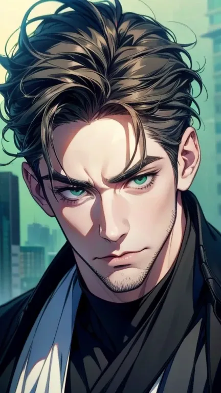 (   ,4K,8k,   highres,   masterpiece:1.2),   ultra-detailed,(realistic,photorealistic,photo-realistic:1.37),36-year-old man,3 day beard,cute anime ,Portraits,strong,Masculine,   dark hair,sharp jaw, mesmerizing gray-green eyes ,   perfectly combed hair,   ...