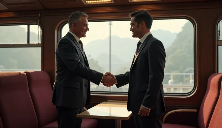 The beggar turned businessman shaking hands with another successful businessperson on a train.