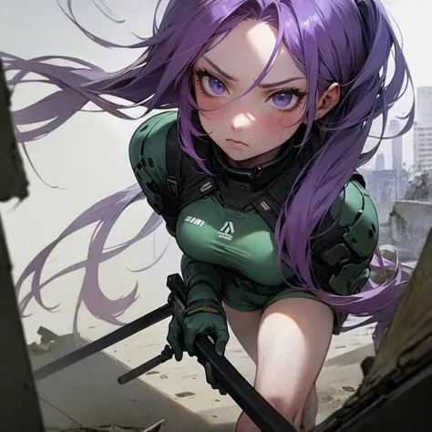 Woman with long purple hair , He wears a green military suit with shorts and part of his face has a penetrating look and a serious face. Stroll through a war-torn city.  she's wearing an assault rifle , close up