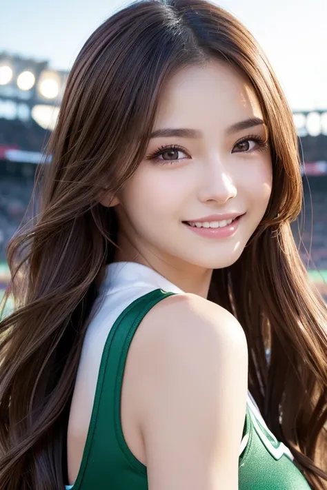 (( top quality , 8k,   photorealistic with ivy entwined:1.4, masterpiece)),  backlight,   Very detailed facial texture women, 18 years old, (((チアガール:1.2))), ((Stadium Background: 1.2)),  Ultra High Definition Skin , Beautiful Makeup,  detail eyes, smile,  ...